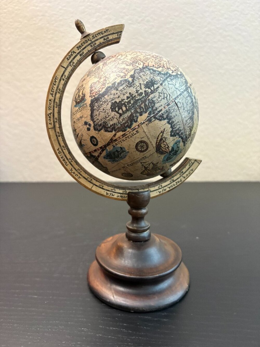 Vintage Mini World Globe Italy Wood Stand Old World Map Library Office Decor
